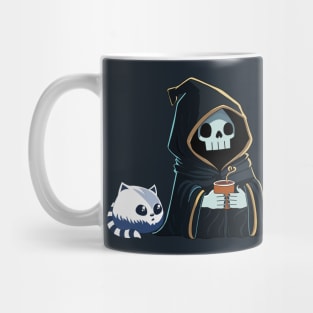 Cute Grim Reaper with Cat Having Coffee Mug